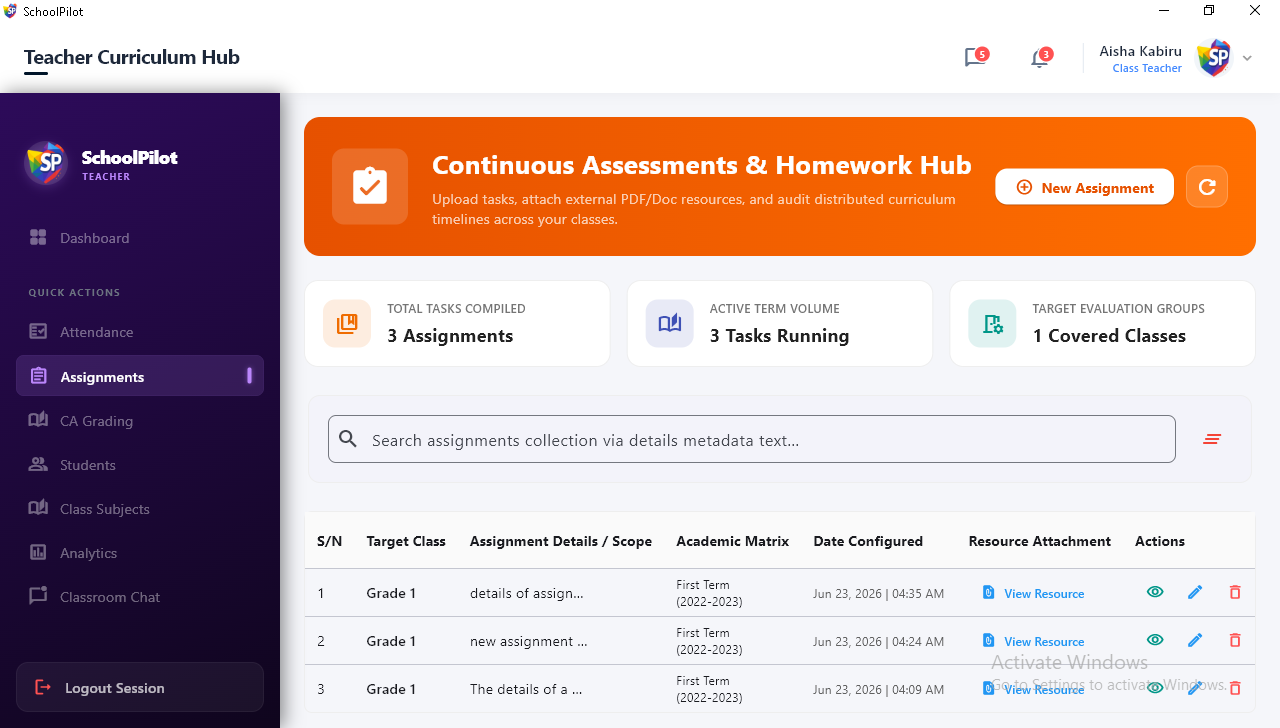 SchoolPilot Continuous Assessments & Homework Hub