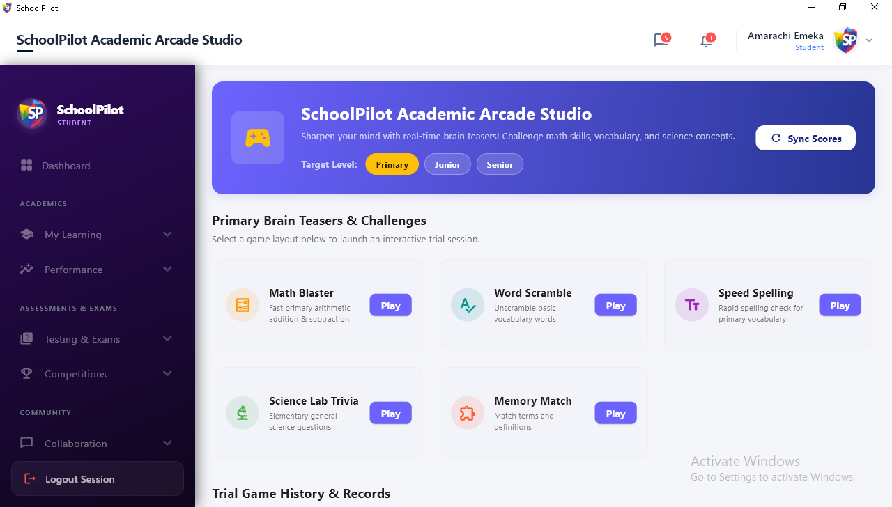 SchoolPilot Academic Arcade Studio Desktop Interface