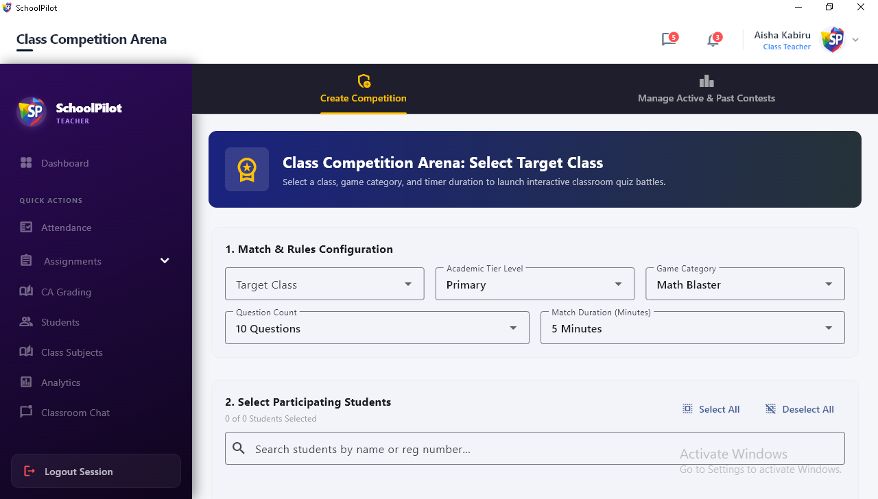 SchoolPilot Class Competition Match Configuration