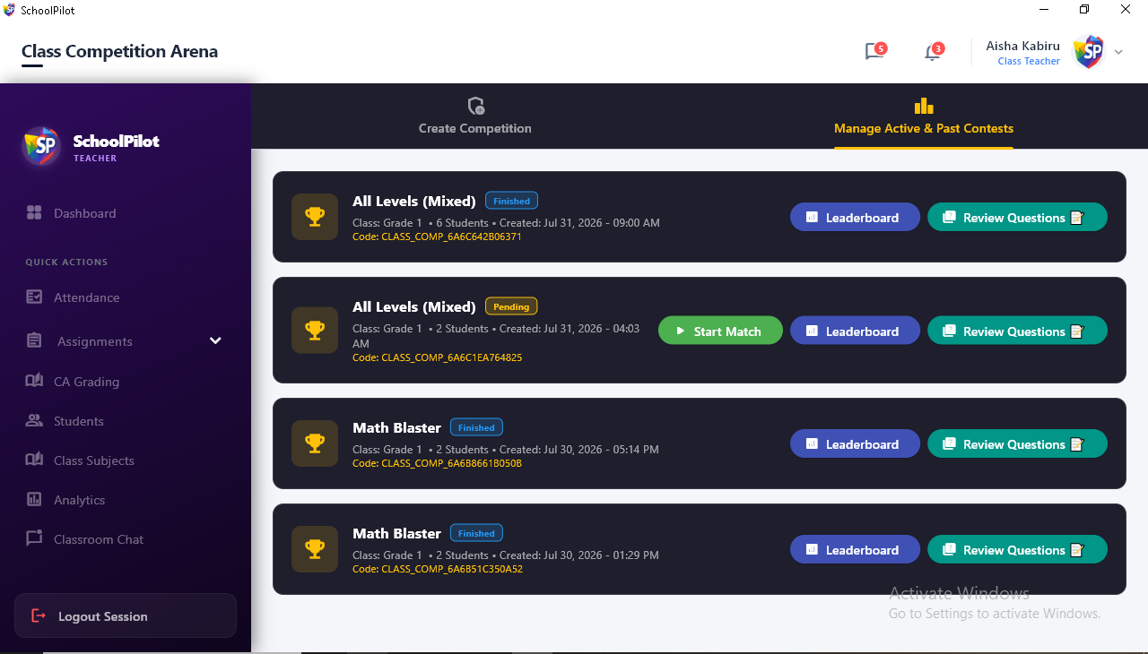 SchoolPilot Active Contests Dashboard