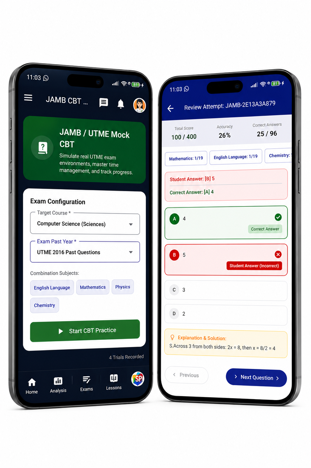 SchoolPilot JAMB UTME Mock CBT Mobile App Interface