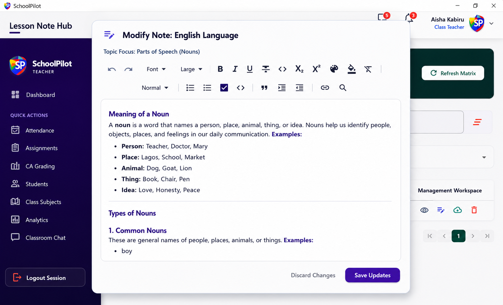 SchoolPilot Modify Lesson Note Hub