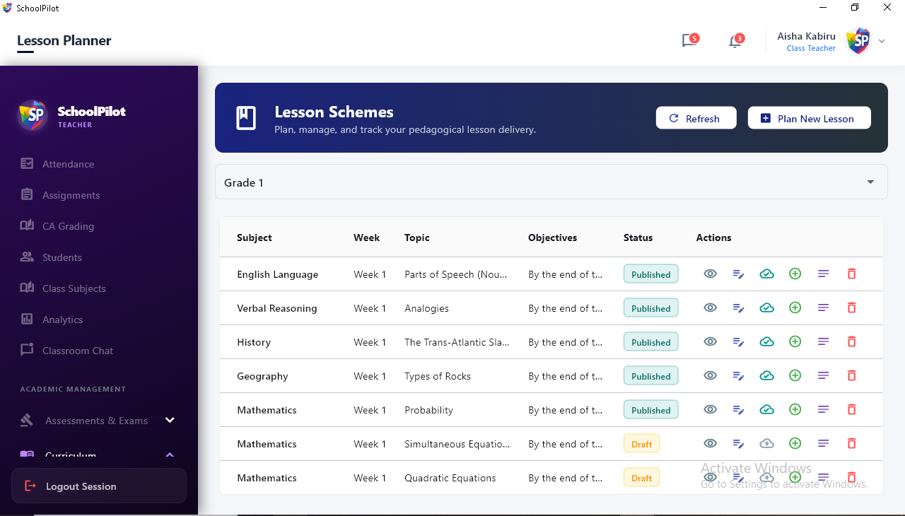 SchoolPilot Curriculum Lesson Schemes Planner