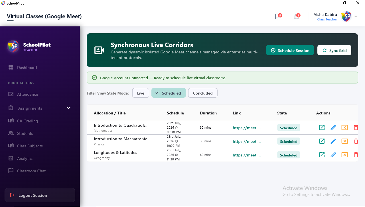 SchoolPilot Desktop Virtual Class Management Portal
