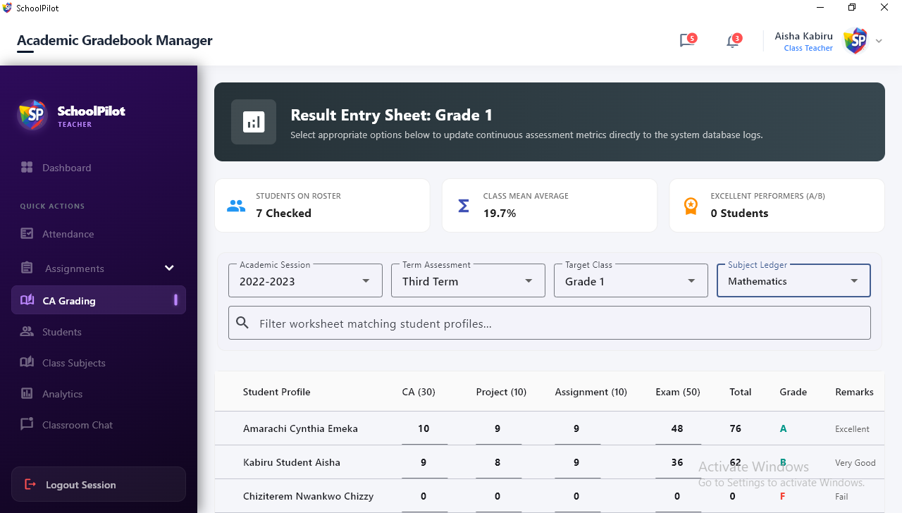 SchoolPilot Academic Gradebook Entry Manager
