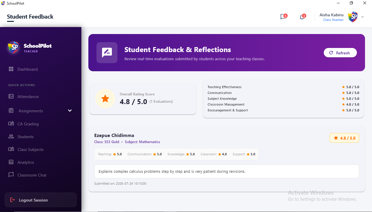 SchoolPilot Teacher Student Feedback Console